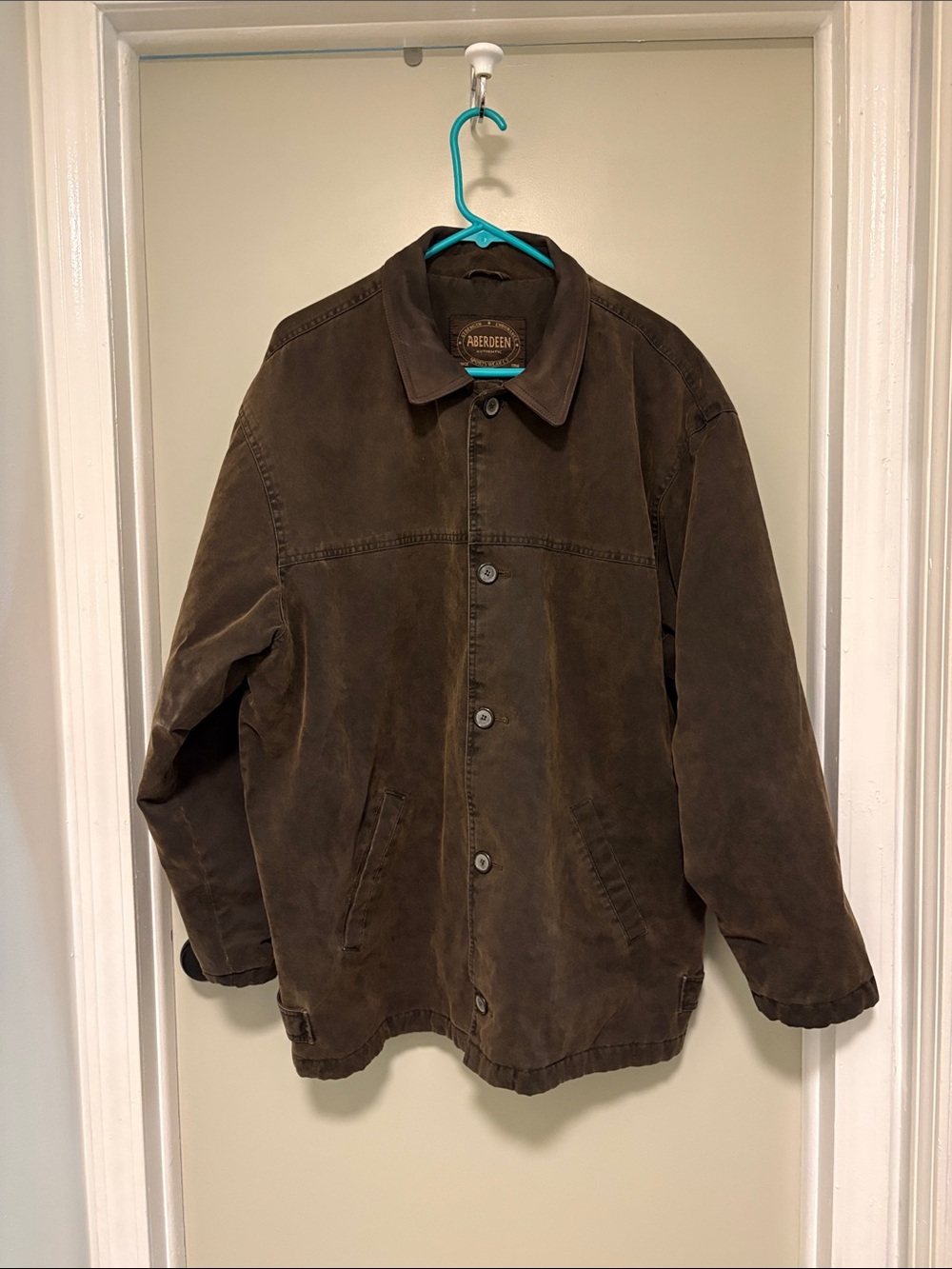 Aberdeen distressed cotton coat with leather collar. Size XL